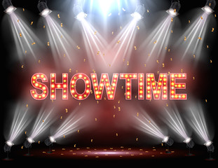 Showtime background illuminated by spotlights - obrazy, fototapety, plakaty