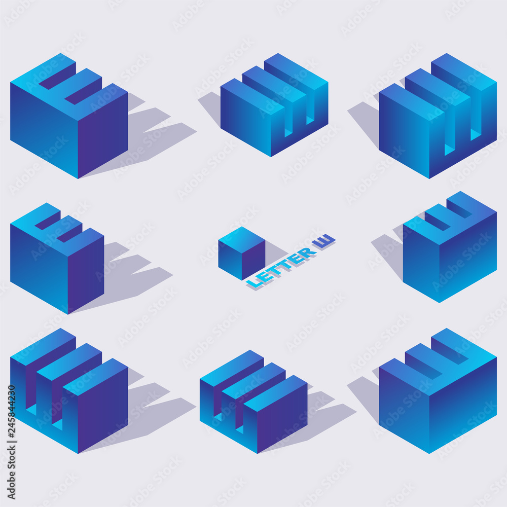 Poster cyrillic letter sha in isometric 3d views. blue characters drawn with vivid gradients and shadows. c