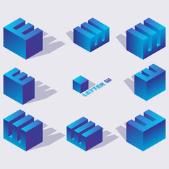 Cyrillic letter sha in isometric 3d views. Blue characters drawn with vivid gradients and shadows. Creative elements for logo or russian lettering
