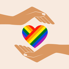Hands with heart rainbow. LGBT heart. Love is love - pride slogan. Lgbt support, fight for gay rights. Isolated vector illustration.