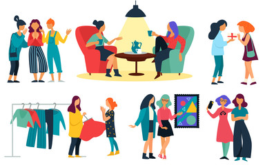 Fototapeta premium Girlfriends shopping and chatting or gathering vector illustration