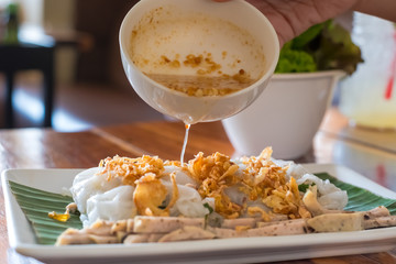 Vietnam noodle with pork slice and Garlic ,Vietnamese steamed rice noodle roll