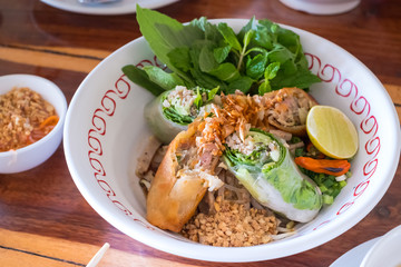 Vietnam noodle with pork slice and Garlic ,Vietnamese steamed rice noodle roll