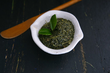 dry leaves of japanese green tea