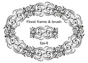 Floral ornate Wreath isolated on white background and brush. Horisontal oval Vector Element. Vintage frame for Save the Date Card, Wedding invitation, Covers.
