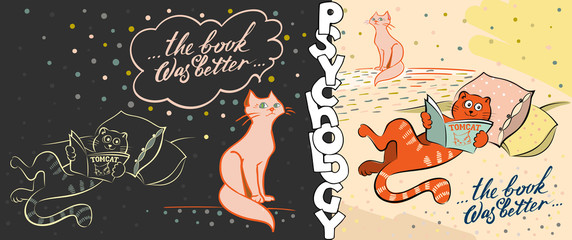 Lying on the couch with a men's magazine, a contented cat and a seated displeased cat. The motivational inscription Book was better. Illustration for magazines about gender differences in the