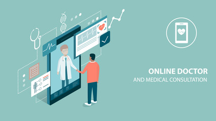 Patient meeting a professional doctor online on a smartphone and shaking hands, online medical consultation concept