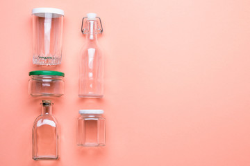 set of reusable jars and bottles for packaging products. Zero plastic concept