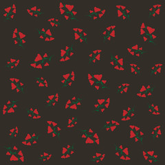Cute botanics vector pattern with red flower and green leaf on dark gray or black background in minimal vintage abstract style look sweet for wallpaper and all design. Environment and plants concept.