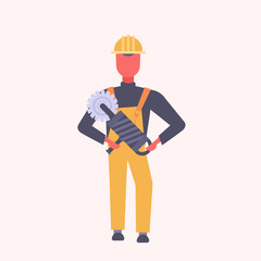 young construction worker holding handheld circular saw tradesman in yellow uniform and helmet male cartoon character full length flat