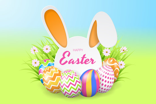 Happy easter background template with beautiful flowers, grass and eggs. Greeting Card. Vector illustration