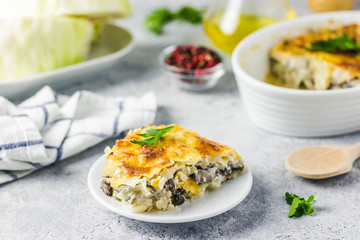 Unstuffed cabbage casserole. Selective focus, space for text.