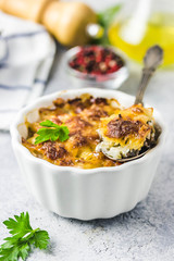 Vegetarian healthy cabbage and mushroom casserole. Selective focus, space for text.