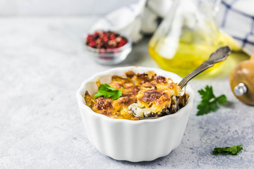 Vegetarian healthy cabbage and mushroom casserole. Selective focus, space for text.