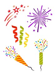 Party set. Complimentary explosion, confetti and streamers, fireworks. Conic confetti party popper. Decorative elements for celebration design.