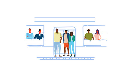 Fototapeta na wymiar mix race people passengers in train subway car city public transport underground tram rash hour concept sketch doodle male female cartoon characters horizontal