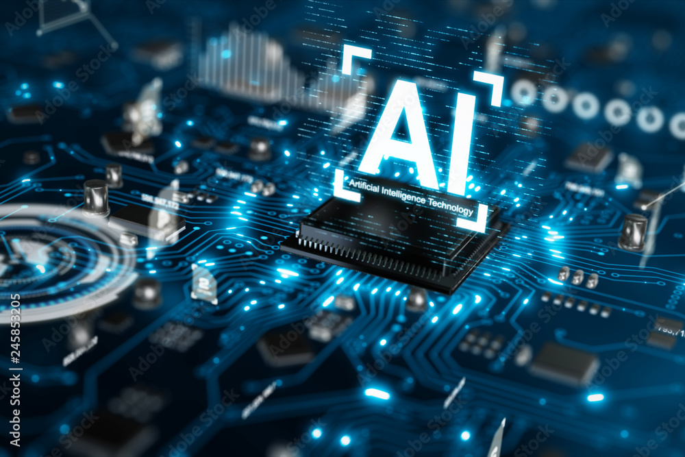 Poster 3d render ai artificial intelligence technology cpu central processor unit chipset on the printed ci