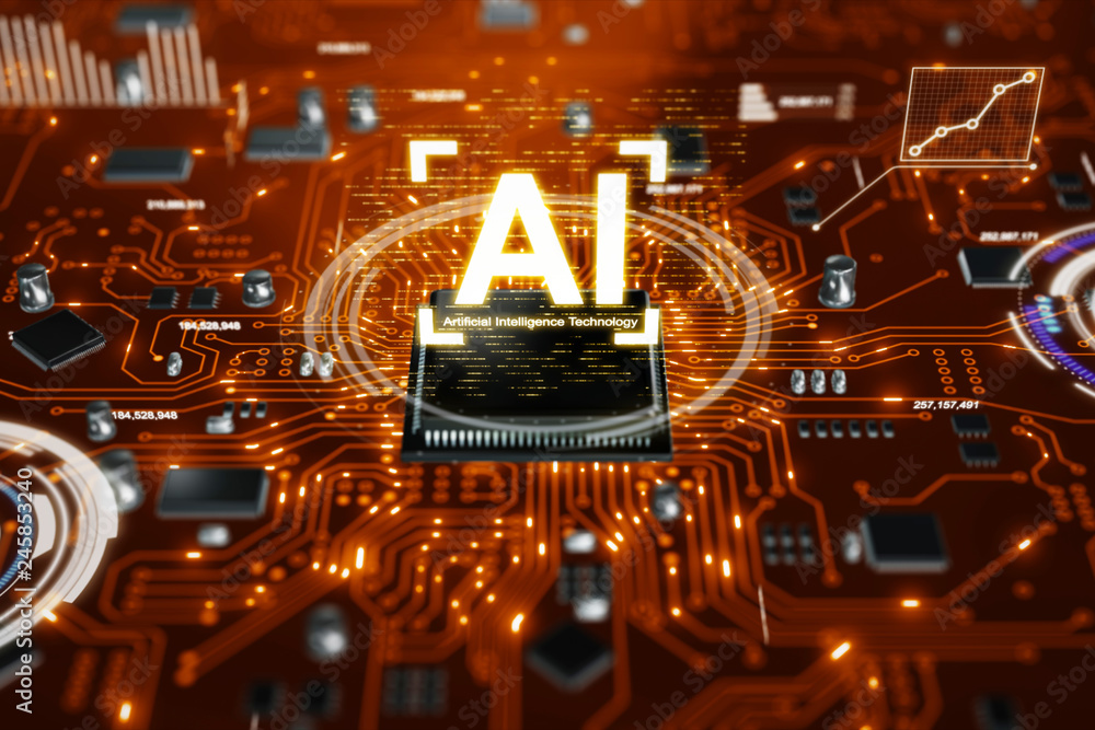 Poster 3d render ai artificial intelligence technology cpu central processor unit chipset on the printed ci
