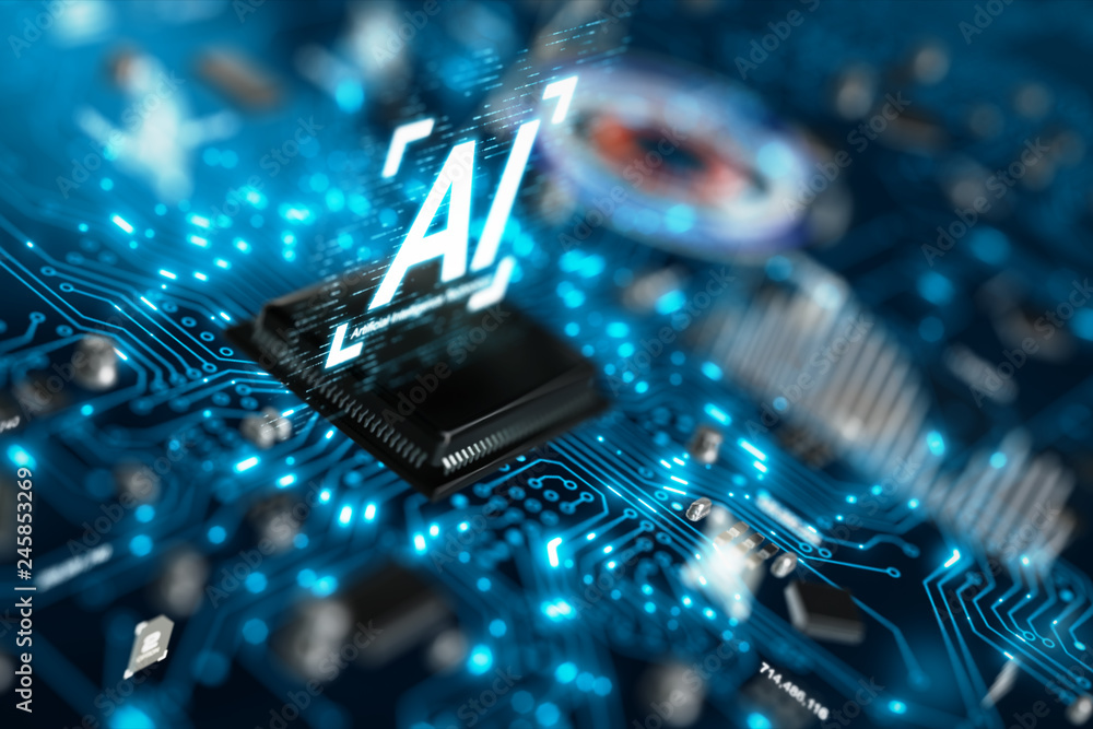 Poster 3d render ai artificial intelligence technology cpu central processor unit chipset on the printed ci