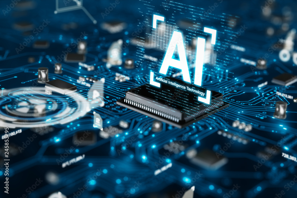 Poster 3d render ai artificial intelligence technology cpu central processor unit chipset on the printed ci