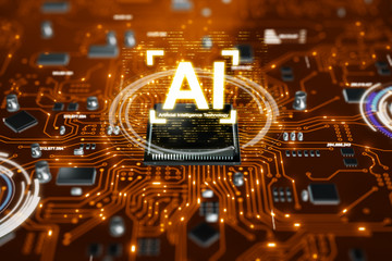 3D render AI artificial intelligence technology CPU central processor unit chipset on the printed...