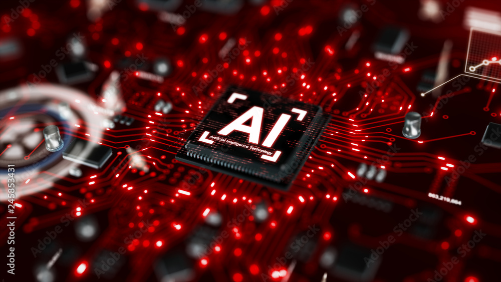Poster 3d render ai artificial intelligence technology cpu central processor unit chipset on the printed ci