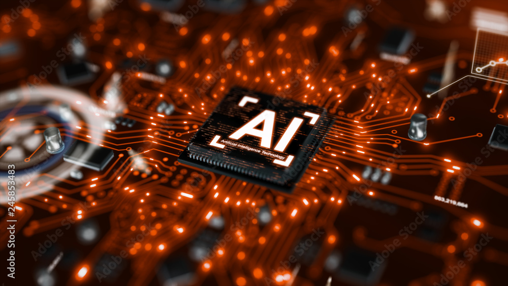 Poster 3d render ai artificial intelligence technology cpu central processor unit chipset on the printed ci