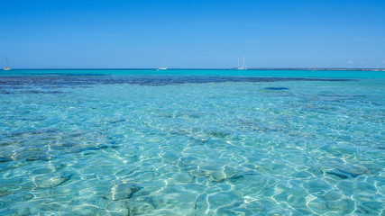 Colonia Sant Jordi, Spain. Amazing landscape of the charming beach Es Trencs. It has earned the...