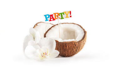 Coconut isolated on white background. Fragmented coconut close up. Topper inscription party and white orchid flower
