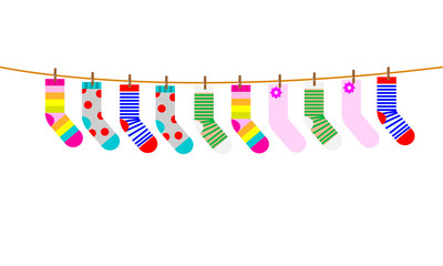 A set of children's socks are dried on a rope. Vector illustration.
