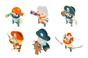 Corsair pirate ship crew buccaneer filibuster sea dog sailors fantasy RPG treasure game isometric characters flat design vector illustration