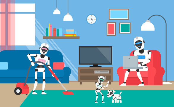 robots humanoid family at home futuristic concept illustration