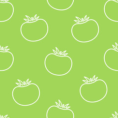 Tomato contour vegetable seamless pattern vector flat illustration. Natural food pattern design with outline tomato vegetable seamless texture in white and green color for healthy organic fabric print