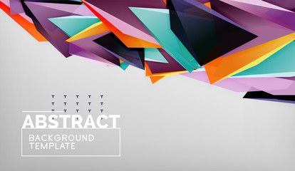 Fototapeta premium 3d geometric triangular shapes abstract background, color triangles composition on grey backdrop, business or hi-tech conceptual wallpaper