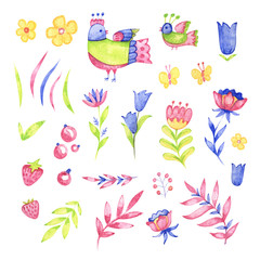 Watercolor abstract cute elements. Floral folk set. Paint doodle on white background.