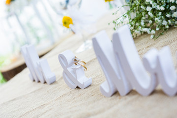 Fototapeta na wymiar wedding rings on a bouquet of white flowers