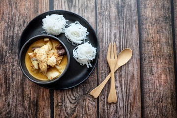 Close up of Thai chicken red curry with bamboo shoot. Thai food.