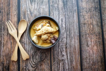 Close up of Thai chicken red curry with bamboo shoot. Thai food.