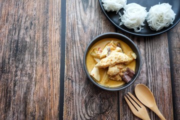 Close up of Thai chicken red curry with bamboo shoot. Thai food.