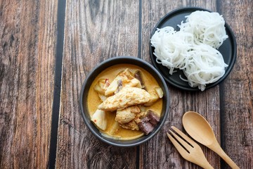 Close up of Thai chicken red curry with bamboo shoot. Thai food.