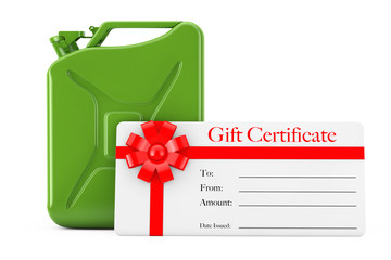 Gift Certificate with Red Ribbon in front of Red Metal Jerrycan. 3d Rendering
