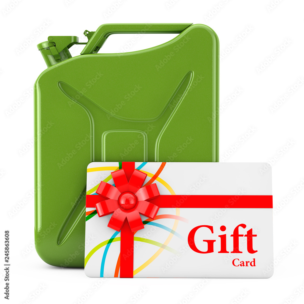Poster gift card with red ribbon in front of red metal jerrycan. 3d rendering