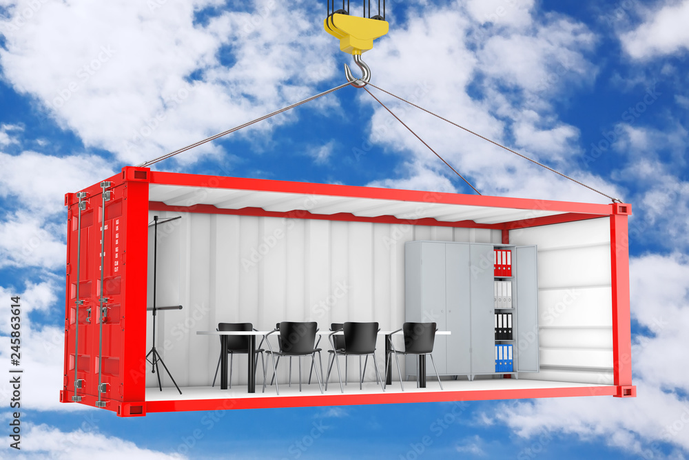 Aufkleber Red Cargo Shipping Container with Removed Side Wall Converted into an Office During Transportation with Crane Hook. 3d Rendering