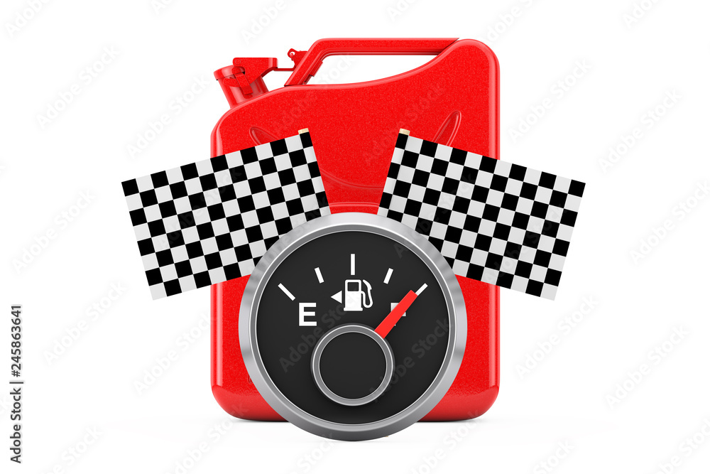 Poster fuel dashboard gauge showing a full tank in front of red metal jerrycan with checkered racing flags.