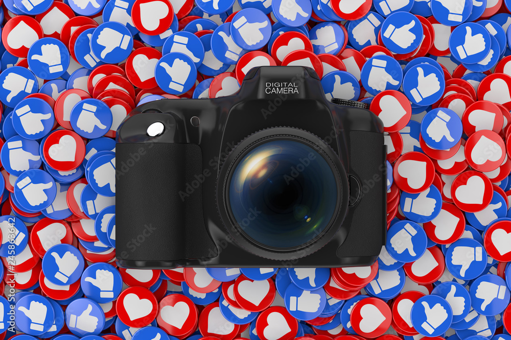 Poster modern digital photo camera over heap of social media network love and like heart badges coins backg
