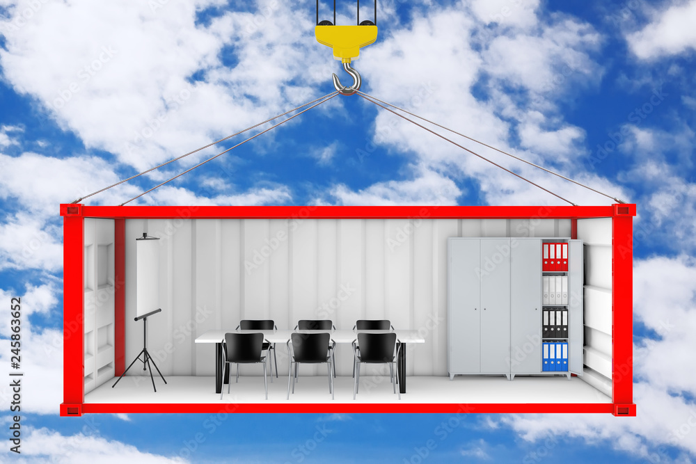 Aufkleber Red Cargo Shipping Container with Removed Side Wall Converted into an Office During Transportation with Crane Hook. 3d Rendering