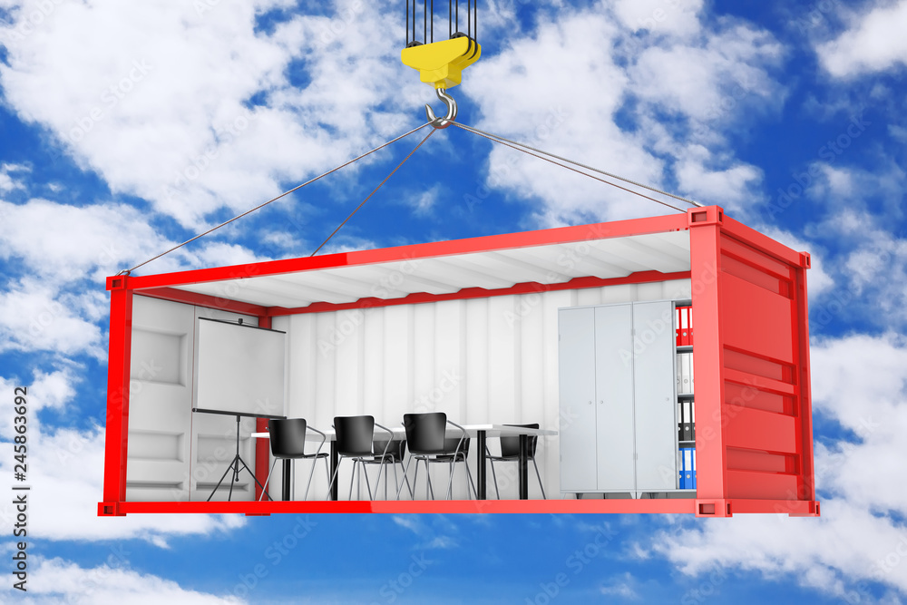 Poster Red Cargo Shipping Container with Removed Side Wall Converted into an Office During Transportation with Crane Hook. 3d Rendering