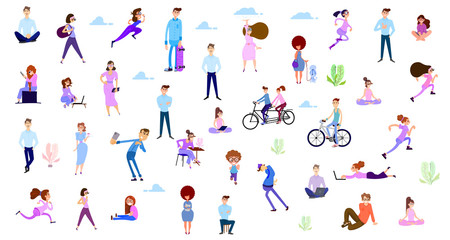 Crowd of tiny women and men active in the park. Flat design style vector graphic illustration various people set.