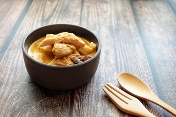 Close up of Thai chicken red curry with bamboo shoot. Thai food.