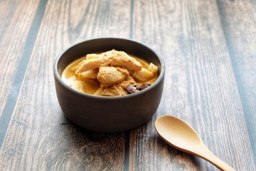 Close up of Thai chicken red curry with bamboo shoot. Thai food.